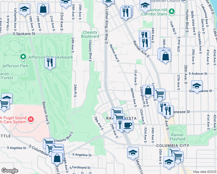 map of restaurants, bars, coffee shops, grocery stores, and more near in Seattle