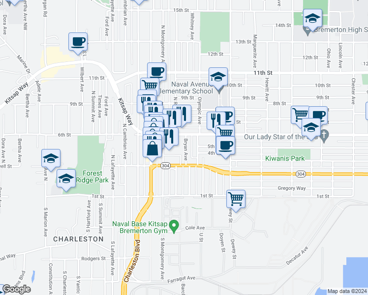 map of restaurants, bars, coffee shops, grocery stores, and more near 331 Bryan Avenue in Bremerton