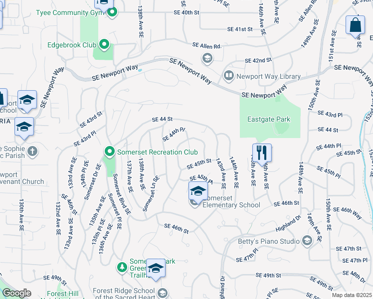 map of restaurants, bars, coffee shops, grocery stores, and more near 4459 141st Place Southeast in Bellevue