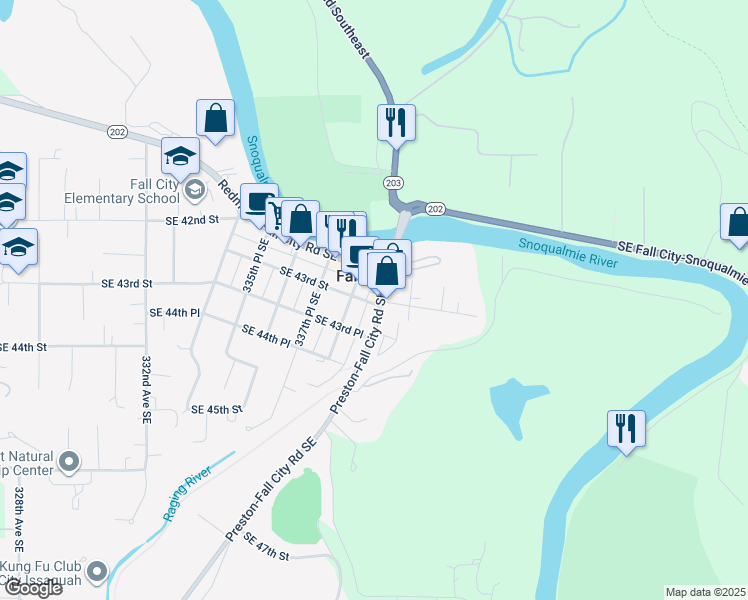 map of restaurants, bars, coffee shops, grocery stores, and more near 4225 Preston-Fall City Road Southeast in Fall City