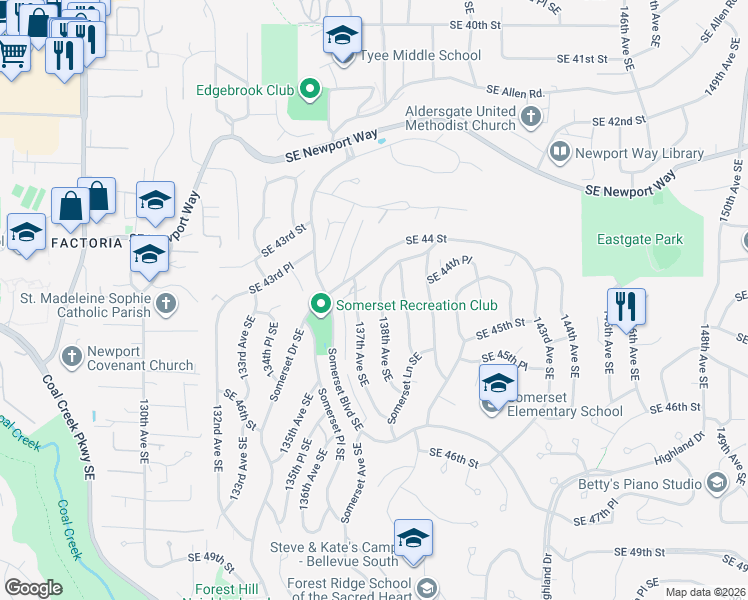 map of restaurants, bars, coffee shops, grocery stores, and more near 4427 138th Avenue Southeast in Bellevue