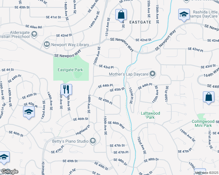 map of restaurants, bars, coffee shops, grocery stores, and more near 15007 Southeast 44th Place in Bellevue