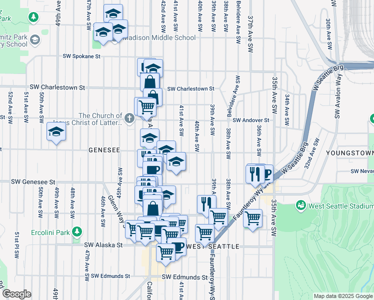 map of restaurants, bars, coffee shops, grocery stores, and more near 4058 41st Avenue Southwest in Seattle