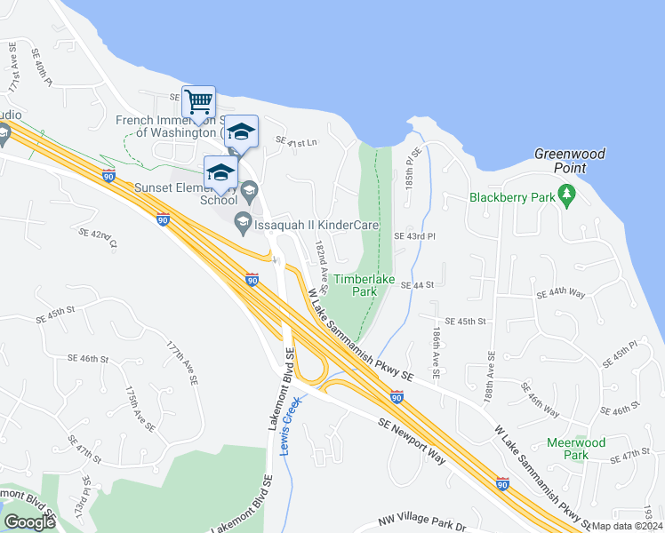 map of restaurants, bars, coffee shops, grocery stores, and more near 4343 182nd Place Southeast in Issaquah