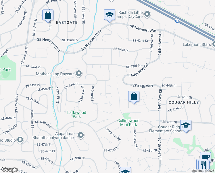 map of restaurants, bars, coffee shops, grocery stores, and more near 4418 158th Avenue Southeast in Bellevue