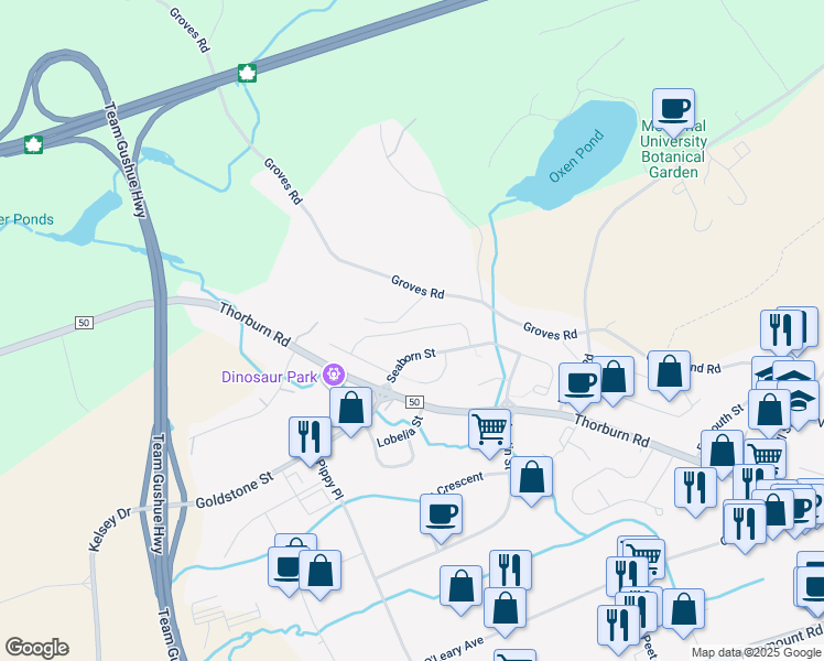 map of restaurants, bars, coffee shops, grocery stores, and more near Faulkner Street in St. John's