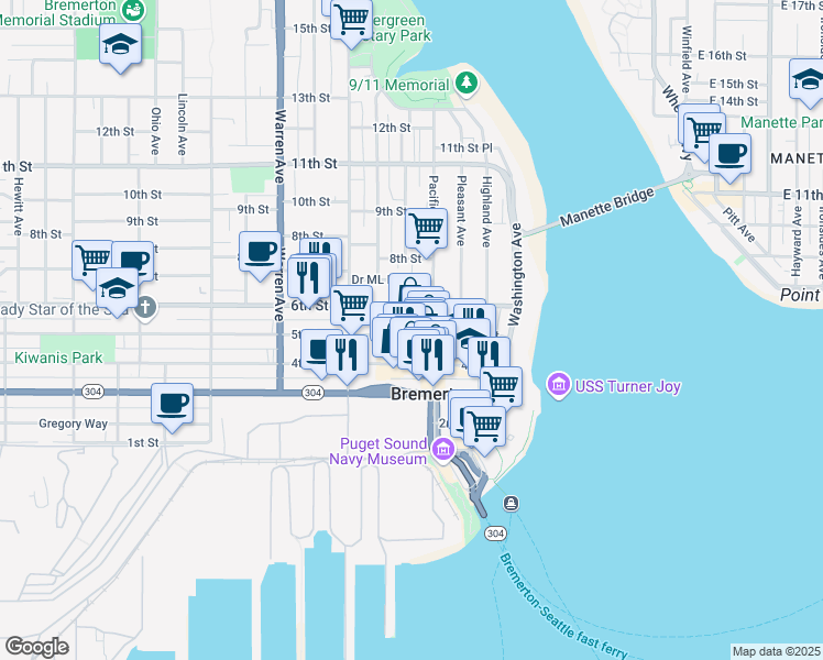 map of restaurants, bars, coffee shops, grocery stores, and more near 530 5th Street in Bremerton