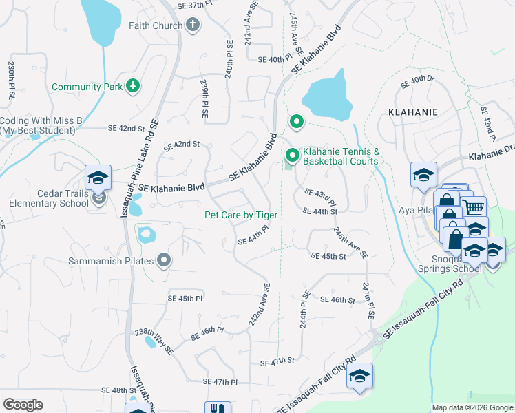 map of restaurants, bars, coffee shops, grocery stores, and more near 24246 Southeast 44th Street in Issaquah
