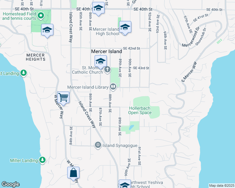 map of restaurants, bars, coffee shops, grocery stores, and more near 8915 Southeast 44th Street in Mercer Island