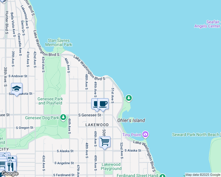 map of restaurants, bars, coffee shops, grocery stores, and more near 4035 51st Avenue South in Seattle