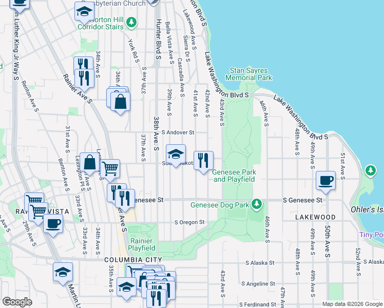 map of restaurants, bars, coffee shops, grocery stores, and more near 4050 41st Avenue South in Seattle