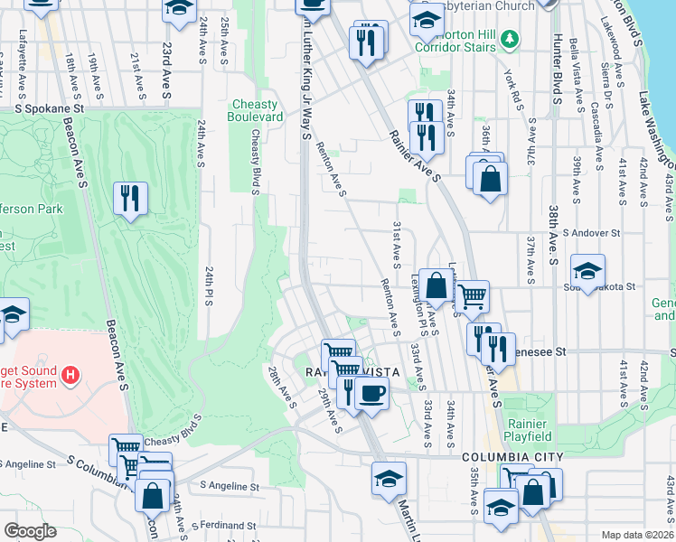 map of restaurants, bars, coffee shops, grocery stores, and more near 2990 South Dakota Street in Seattle