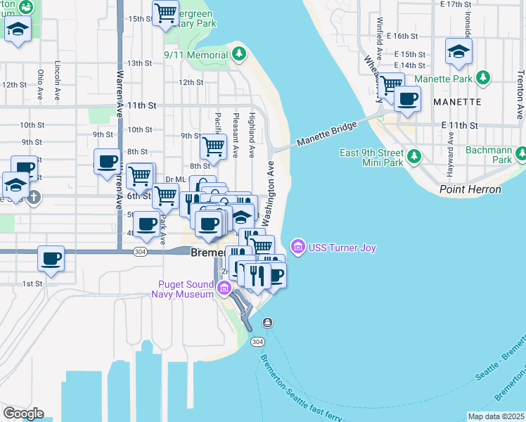 map of restaurants, bars, coffee shops, grocery stores, and more near 510 Washington Avenue in Bremerton