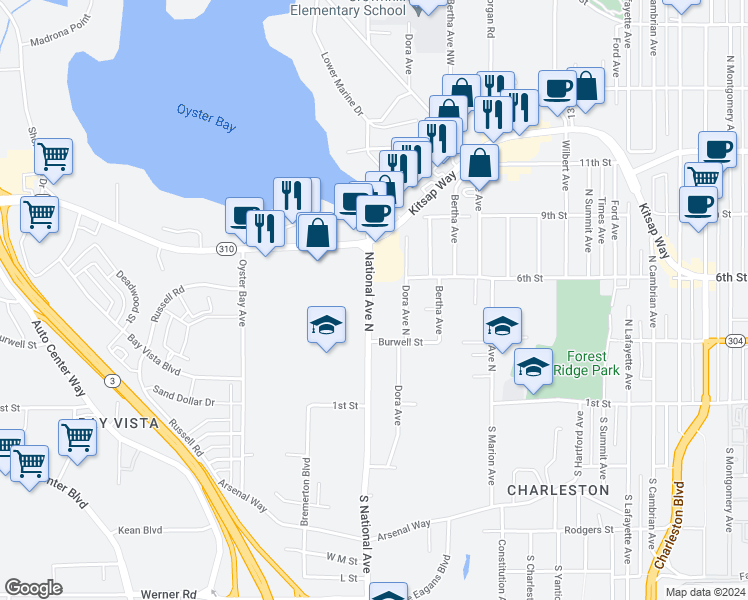 map of restaurants, bars, coffee shops, grocery stores, and more near 500 National Avenue North in Bremerton