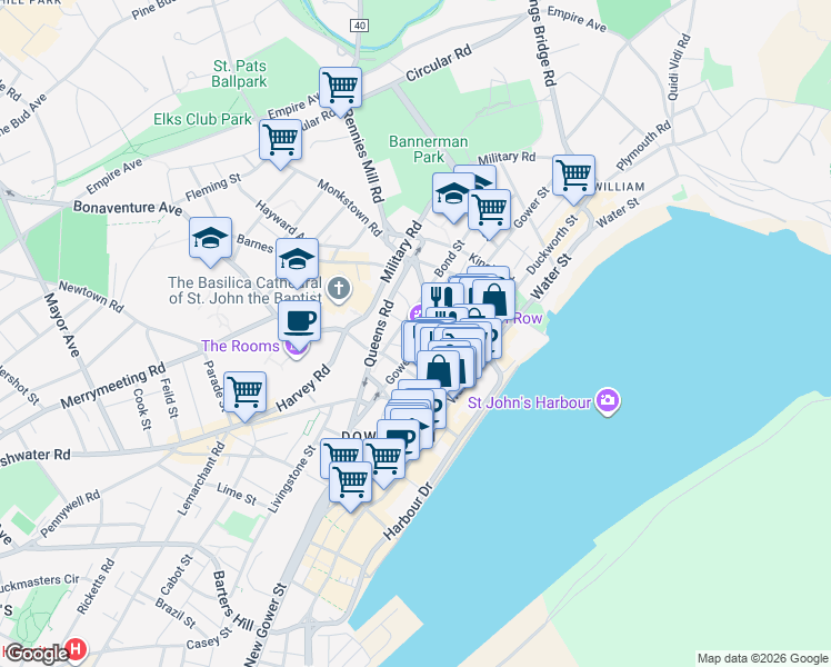 map of restaurants, bars, coffee shops, grocery stores, and more near 23 Victoria Street in St. John's