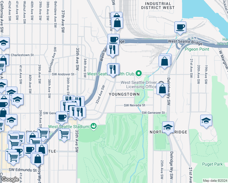 map of restaurants, bars, coffee shops, grocery stores, and more near 3040 Southwest Avalon Way in Seattle