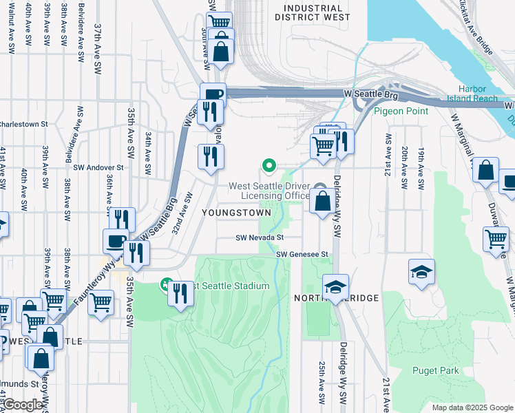 map of restaurants, bars, coffee shops, grocery stores, and more near 4101 28th Avenue Southwest in Seattle