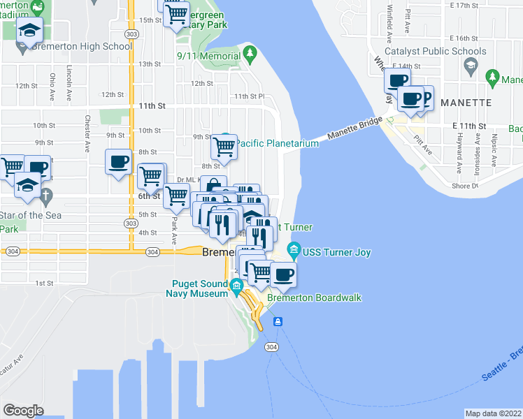 map of restaurants, bars, coffee shops, grocery stores, and more near 236 5th Street in Bremerton