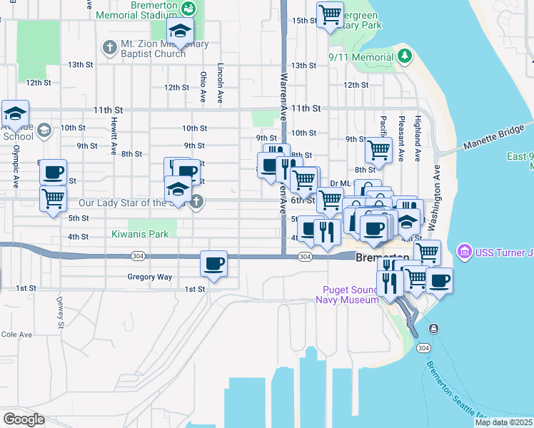 map of restaurants, bars, coffee shops, grocery stores, and more near 1018 5th Street in Bremerton