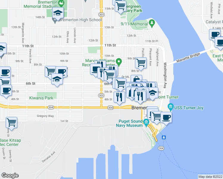 map of restaurants, bars, coffee shops, grocery stores, and more near 846 5th Street in Bremerton