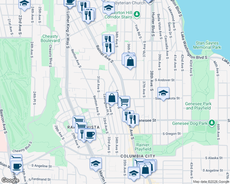 map of restaurants, bars, coffee shops, grocery stores, and more near 4070 34th Avenue South in Seattle