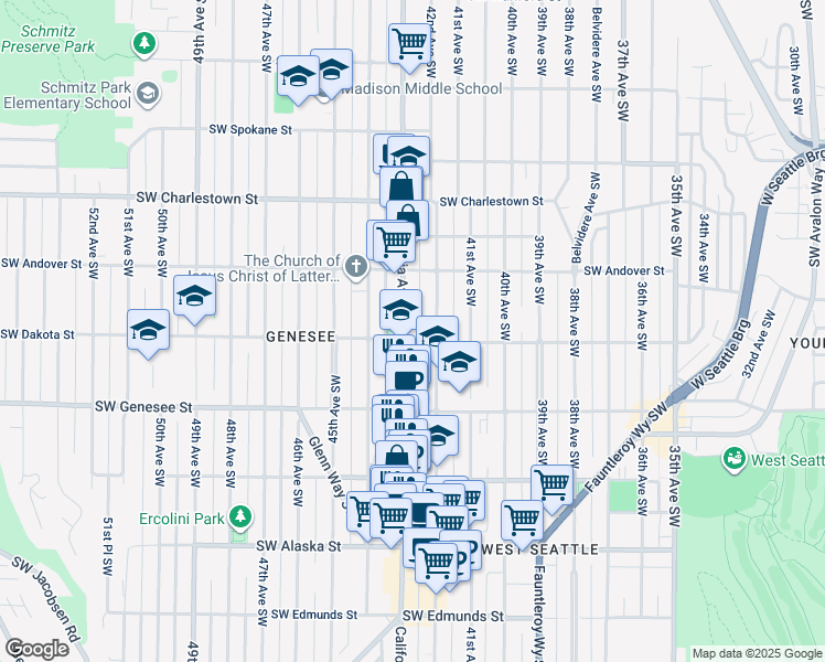 map of restaurants, bars, coffee shops, grocery stores, and more near in Seattle