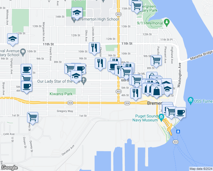 map of restaurants, bars, coffee shops, grocery stores, and more near 1019 5th Street in Bremerton