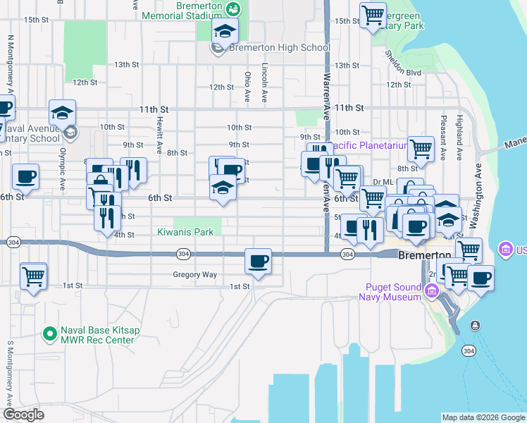 map of restaurants, bars, coffee shops, grocery stores, and more near 1225 5th Street in Bremerton