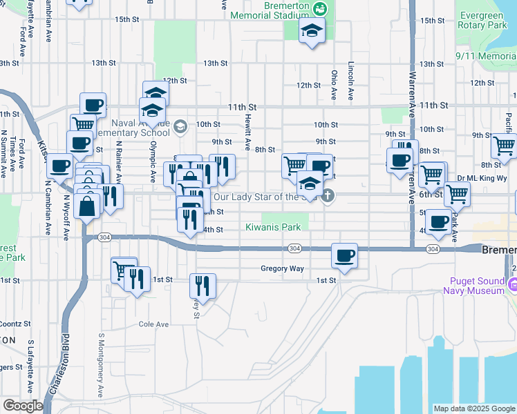 map of restaurants, bars, coffee shops, grocery stores, and more near 1741 5th Street in Bremerton
