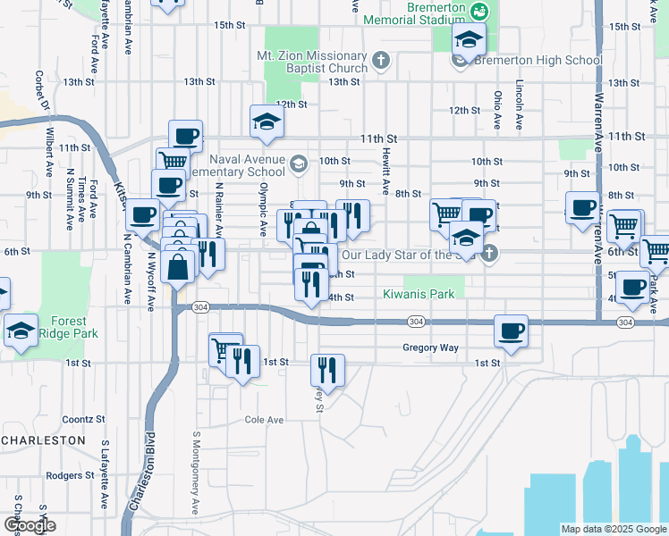 map of restaurants, bars, coffee shops, grocery stores, and more near 1943 5th Street in Bremerton
