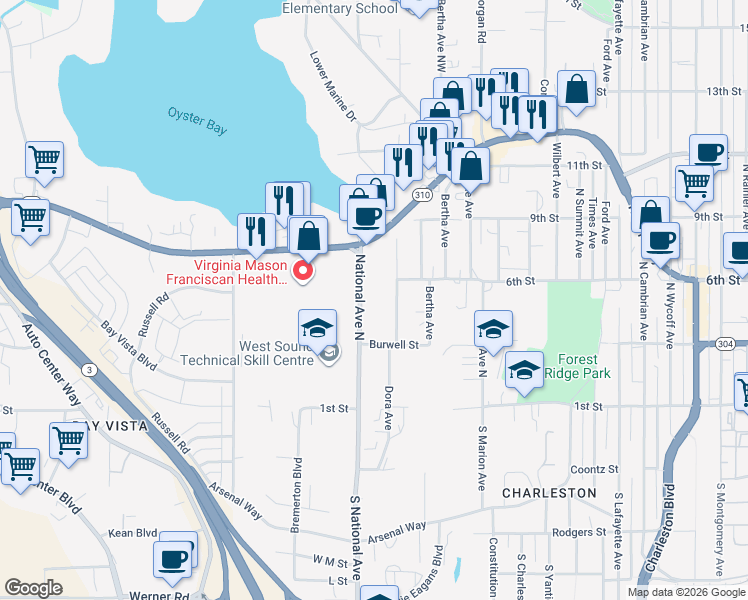 map of restaurants, bars, coffee shops, grocery stores, and more near 500 National Avenue North in Bremerton