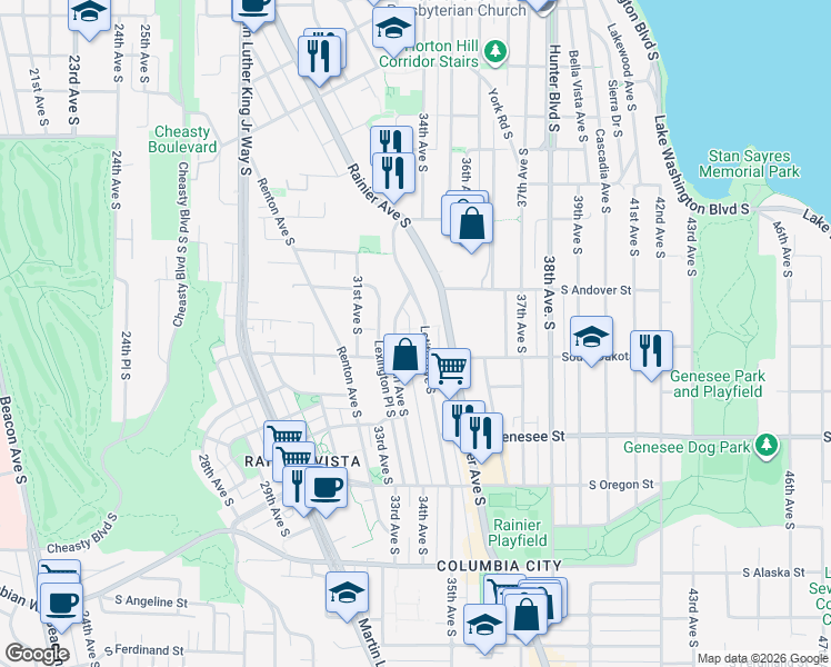 map of restaurants, bars, coffee shops, grocery stores, and more near 4070 34th Avenue South in Seattle