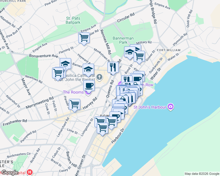 map of restaurants, bars, coffee shops, grocery stores, and more near 129 Bond Street in St. John's