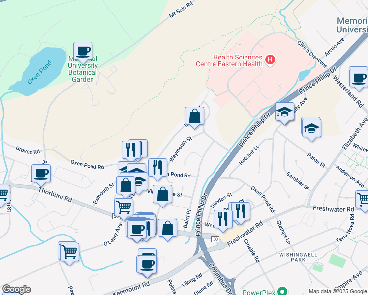 map of restaurants, bars, coffee shops, grocery stores, and more near 19 Weymouth Street in St. John's