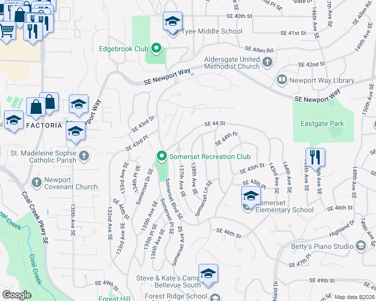 map of restaurants, bars, coffee shops, grocery stores, and more near 4427 138th Avenue Southeast in Bellevue