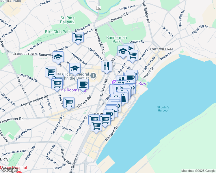 map of restaurants, bars, coffee shops, grocery stores, and more near 112 Bond Street in St. John's