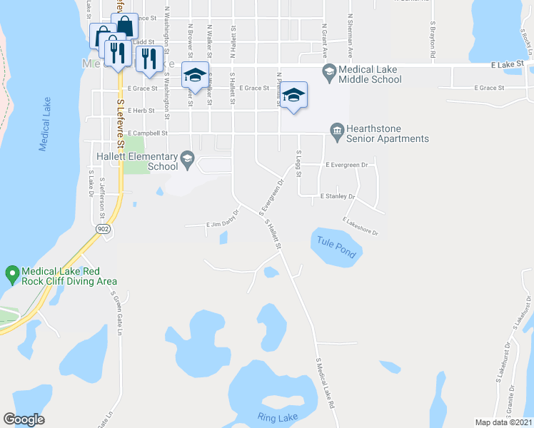 map of restaurants, bars, coffee shops, grocery stores, and more near 741 South Evergreen Drive in Medical Lake