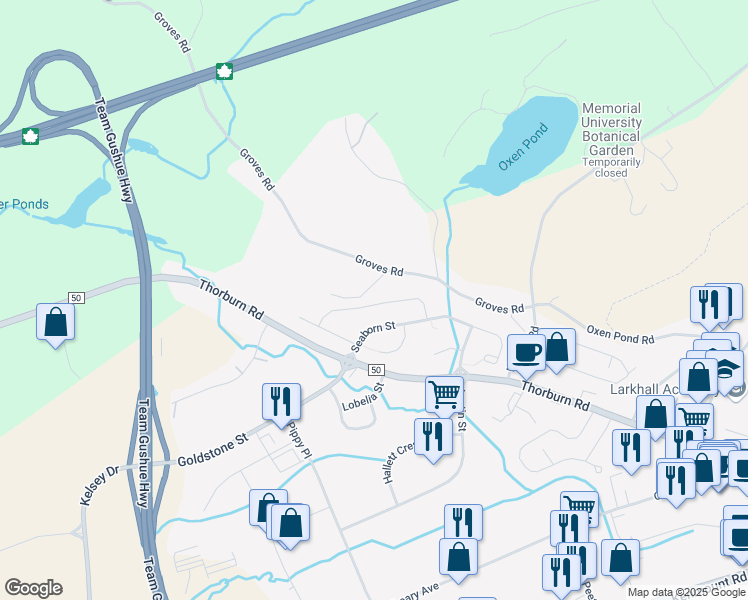 map of restaurants, bars, coffee shops, grocery stores, and more near 50 Faulkner Street in St. John's
