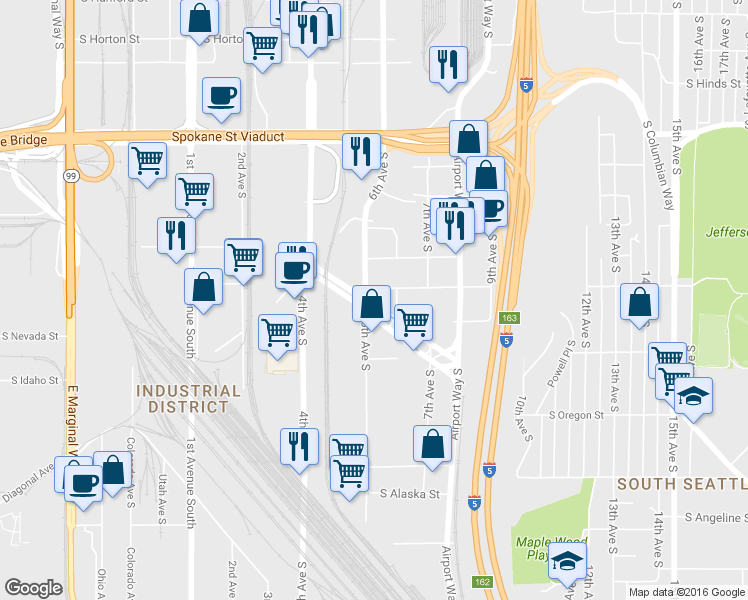 map of restaurants, bars, coffee shops, grocery stores, and more near 558 South Industrial Way in Seattle