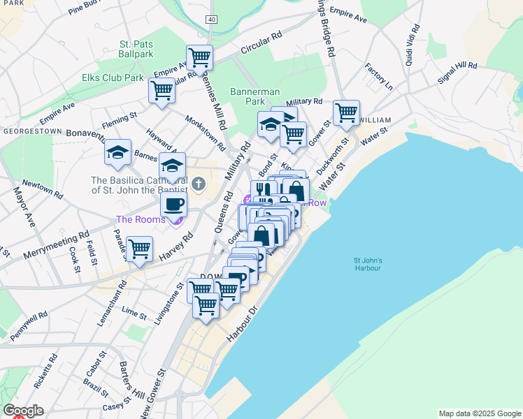 map of restaurants, bars, coffee shops, grocery stores, and more near 153 Gower Street in St. John's