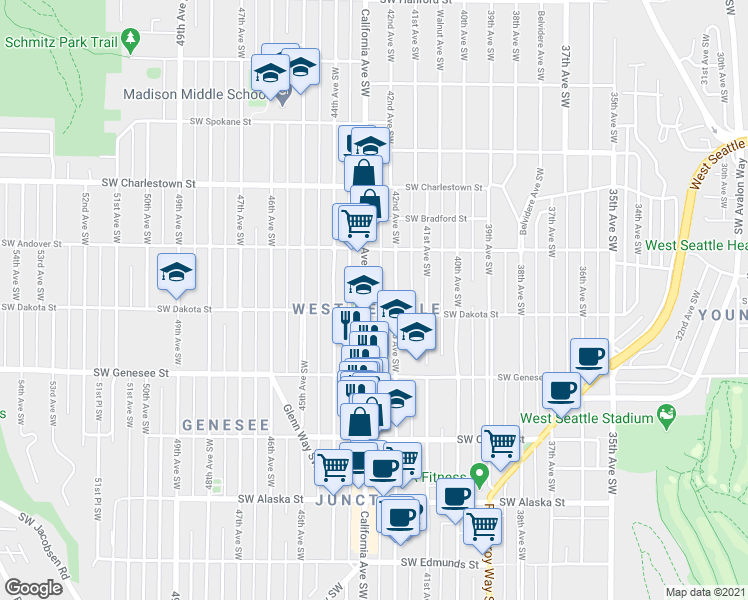 map of restaurants, bars, coffee shops, grocery stores, and more near in Seattle