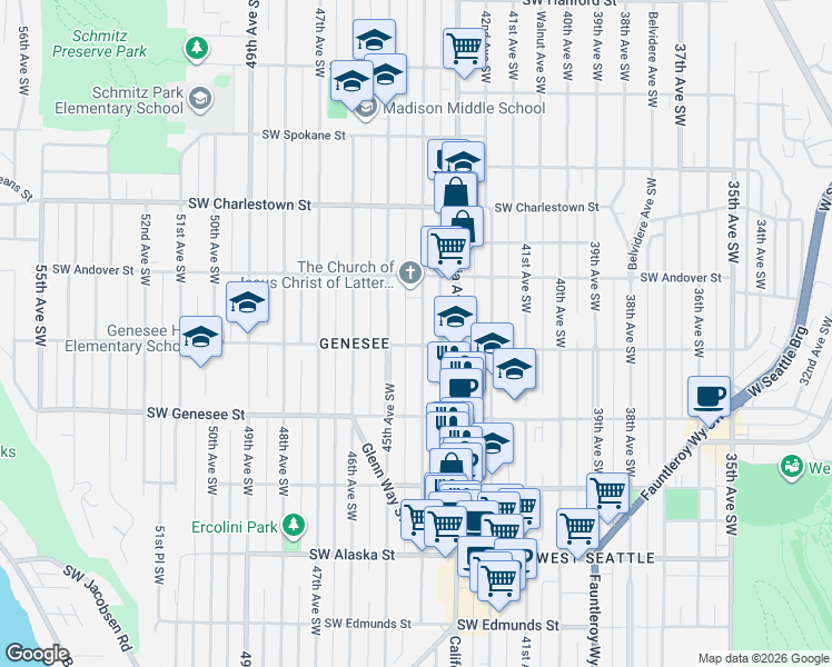 map of restaurants, bars, coffee shops, grocery stores, and more near 4056 44th Avenue Southwest in Seattle
