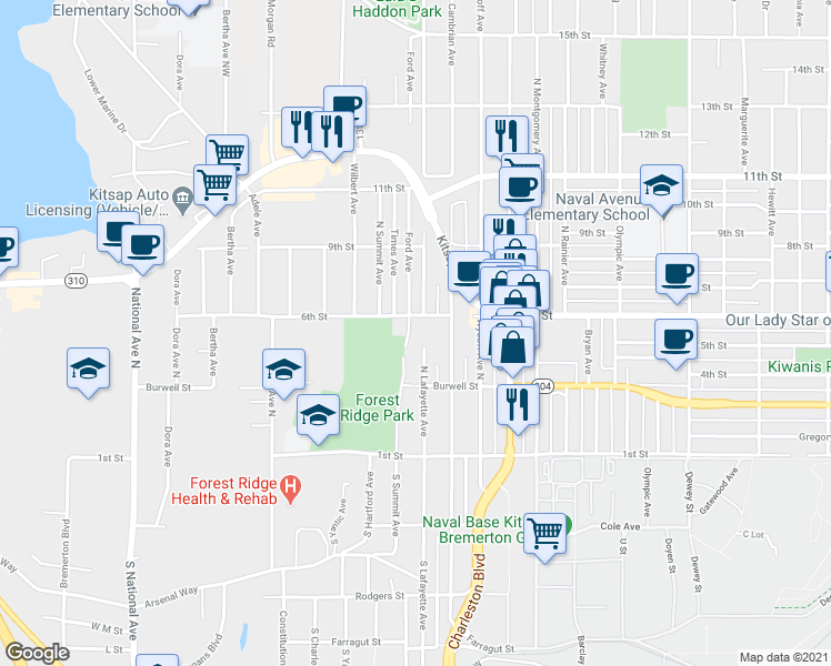 map of restaurants, bars, coffee shops, grocery stores, and more near 336 North Lafayette Avenue in Bremerton