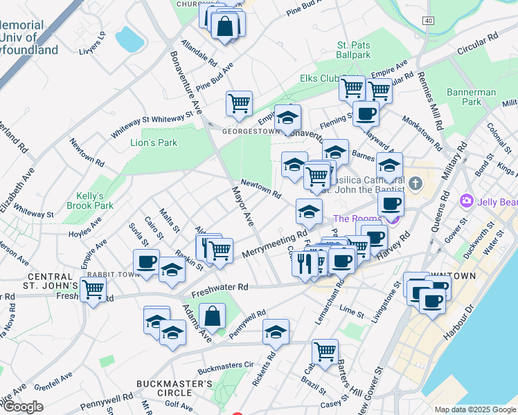 map of restaurants, bars, coffee shops, grocery stores, and more near 13 Calver Street in St. John's