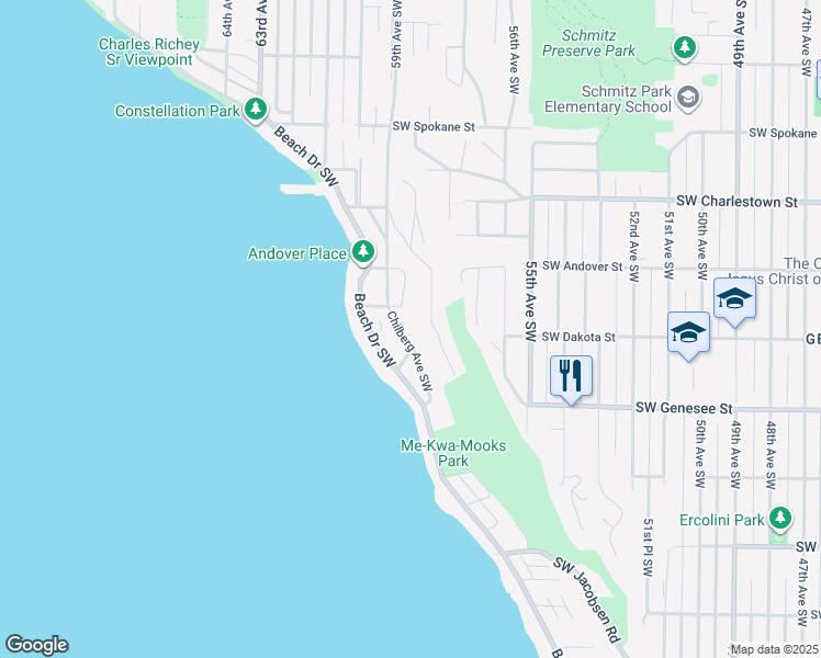 map of restaurants, bars, coffee shops, grocery stores, and more near 4118 58th Place Southwest in Seattle
