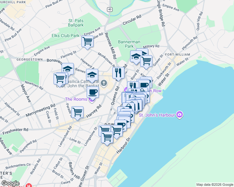map of restaurants, bars, coffee shops, grocery stores, and more near 57 Queens Road in St. John's