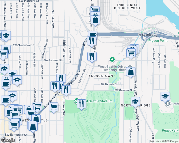 map of restaurants, bars, coffee shops, grocery stores, and more near 3040 Southwest Avalon Way in Seattle