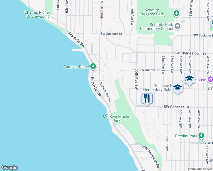 map of restaurants, bars, coffee shops, grocery stores, and more near 4126 58th Place Southwest in Seattle