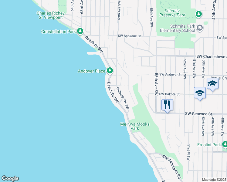 map of restaurants, bars, coffee shops, grocery stores, and more near 4137 Beach Drive Southwest in Seattle