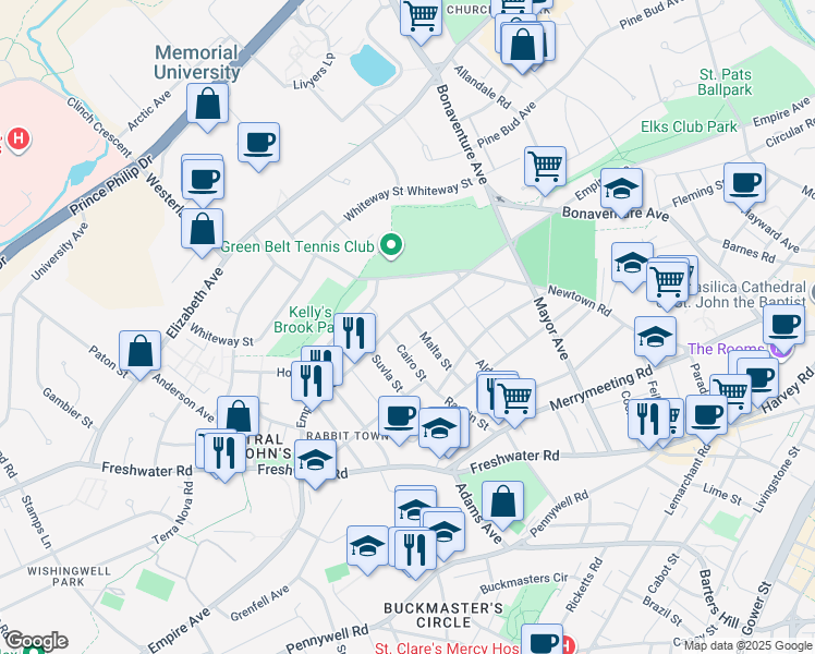 map of restaurants, bars, coffee shops, grocery stores, and more near 29 Malta Street in St. John's